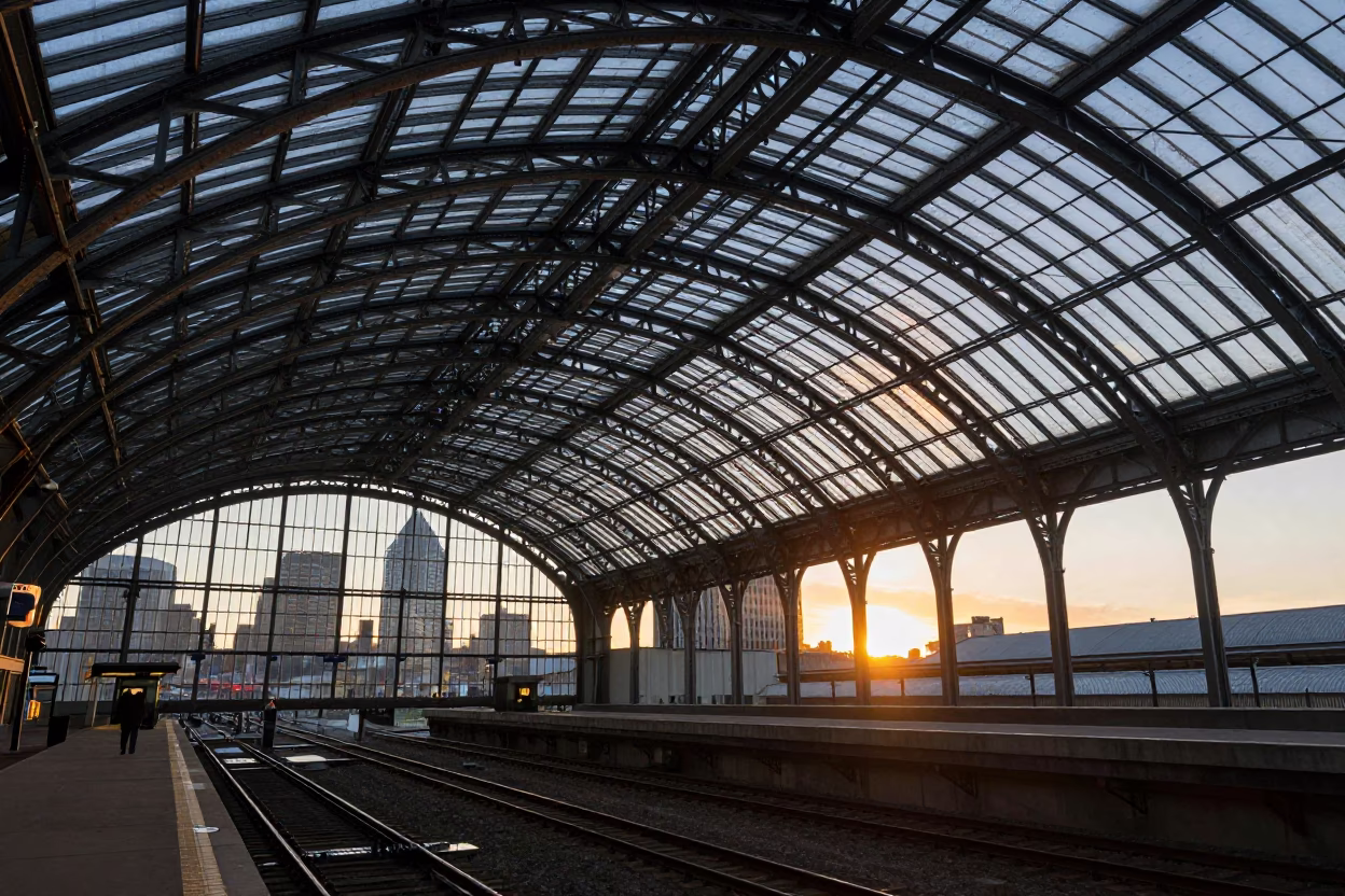 Union Station Glass Steel Arched Roof Train Shed Heritage Locomotive Sunset in Portland in in Portland, Oregon, United States