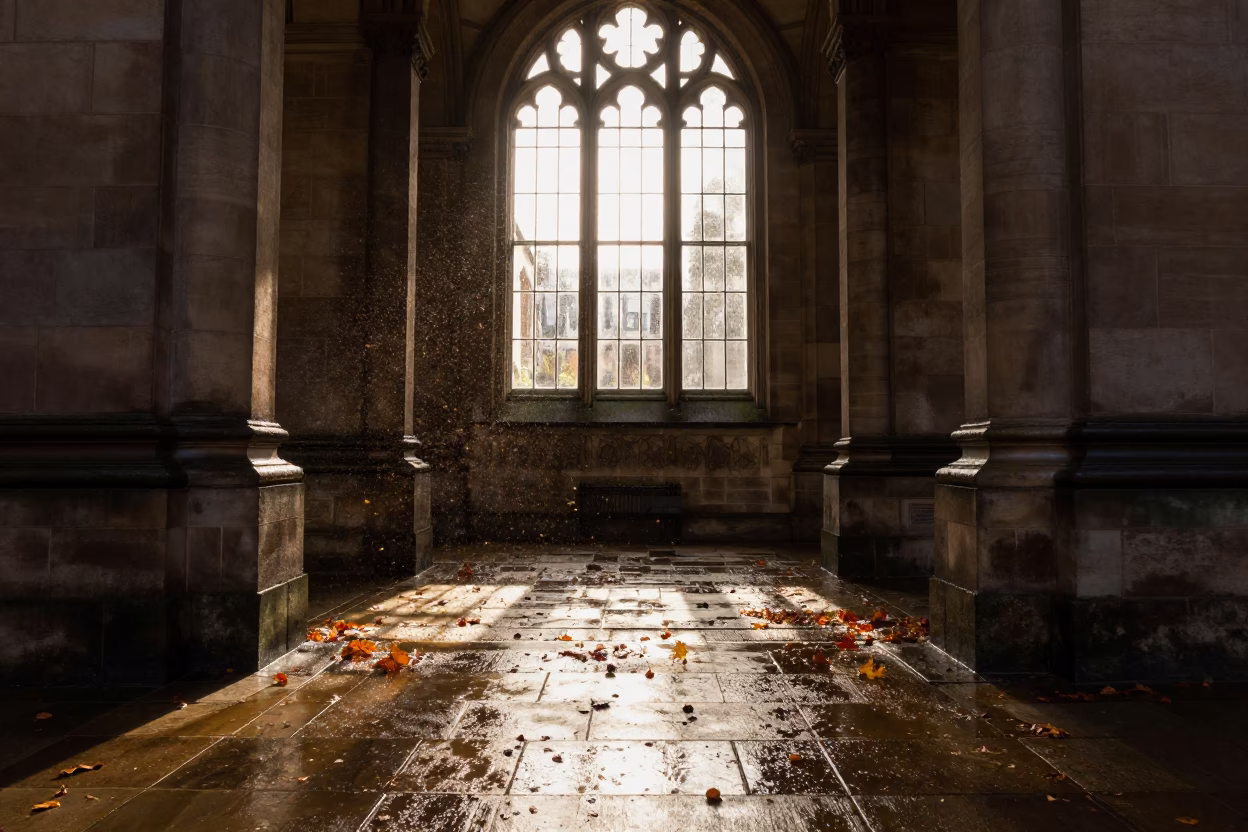 University Arcade in Liverpool With Wet Leaves Skittering Between Stone Columns in Late Afternoon in in Liverpool, United Kingdom