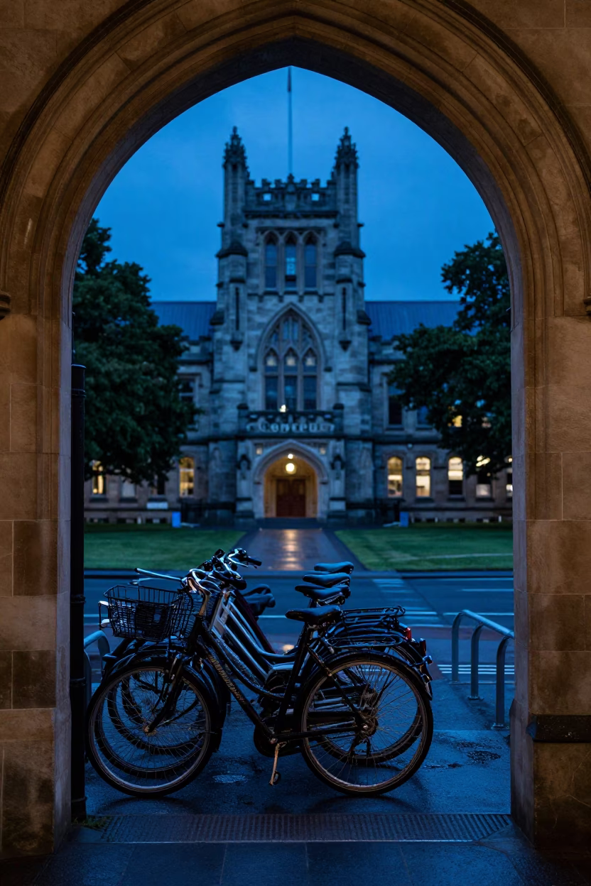 University archway framing wet bicycle rack in Christchurch evening blue light in in Christchurch, New Zealand