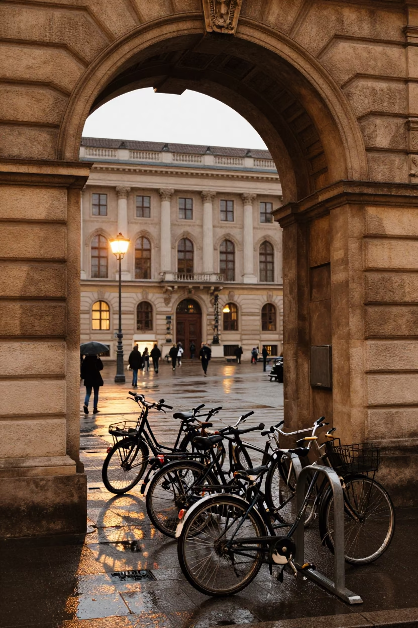 University Archway Framing Wet Bicycle Rack in Vienna Evening Light in in Vienna, Austria