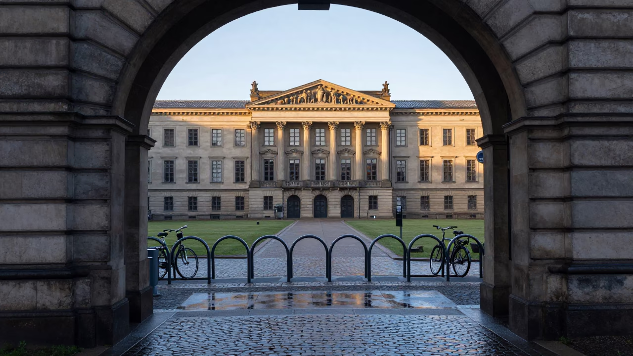 University archway framing wet campus bicycle rack in Berlin Germany before sunrise in in Berlin, Germany