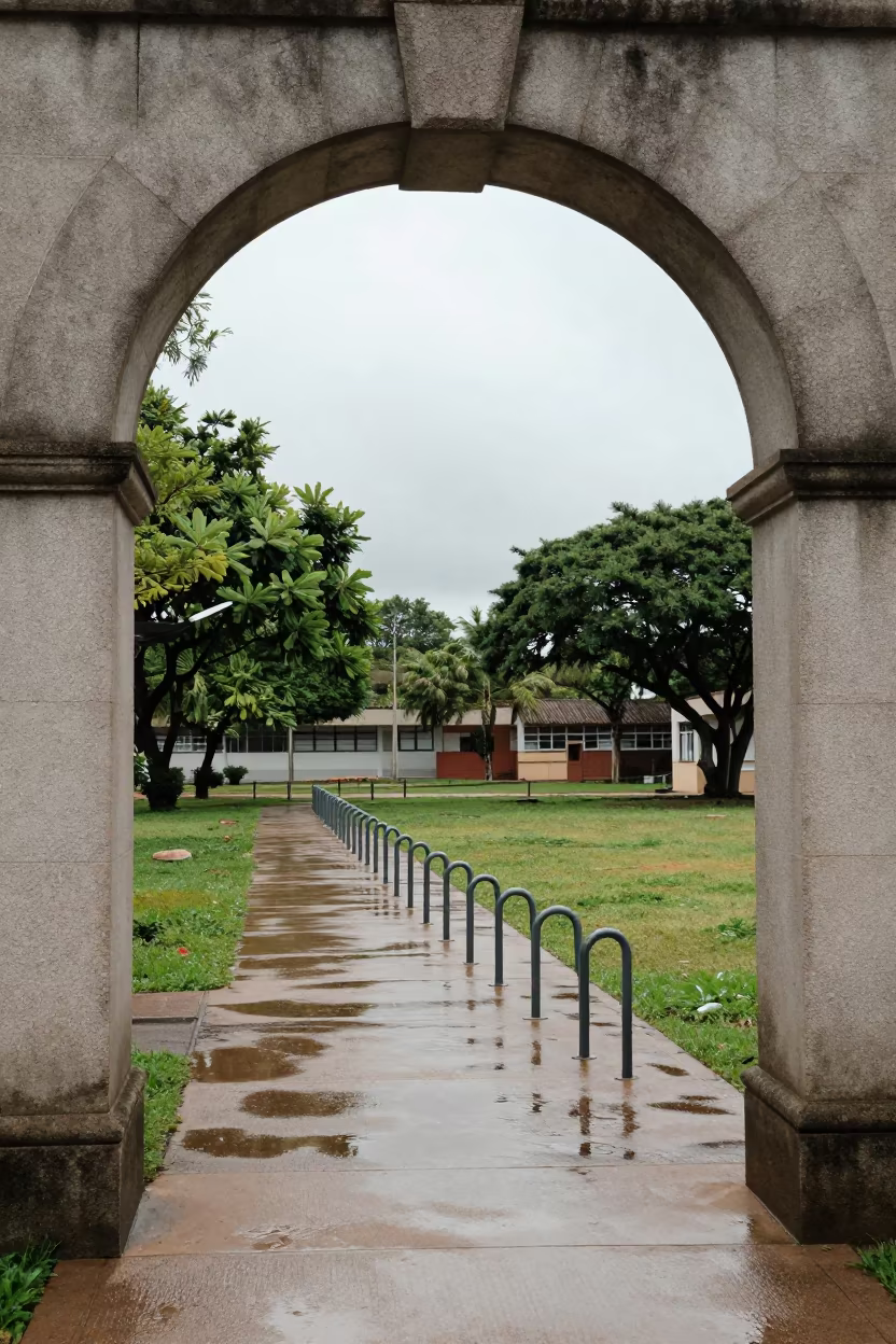 University Archway Over Wet Bike Rack in along a schoolyard walkway in Porto Alegre