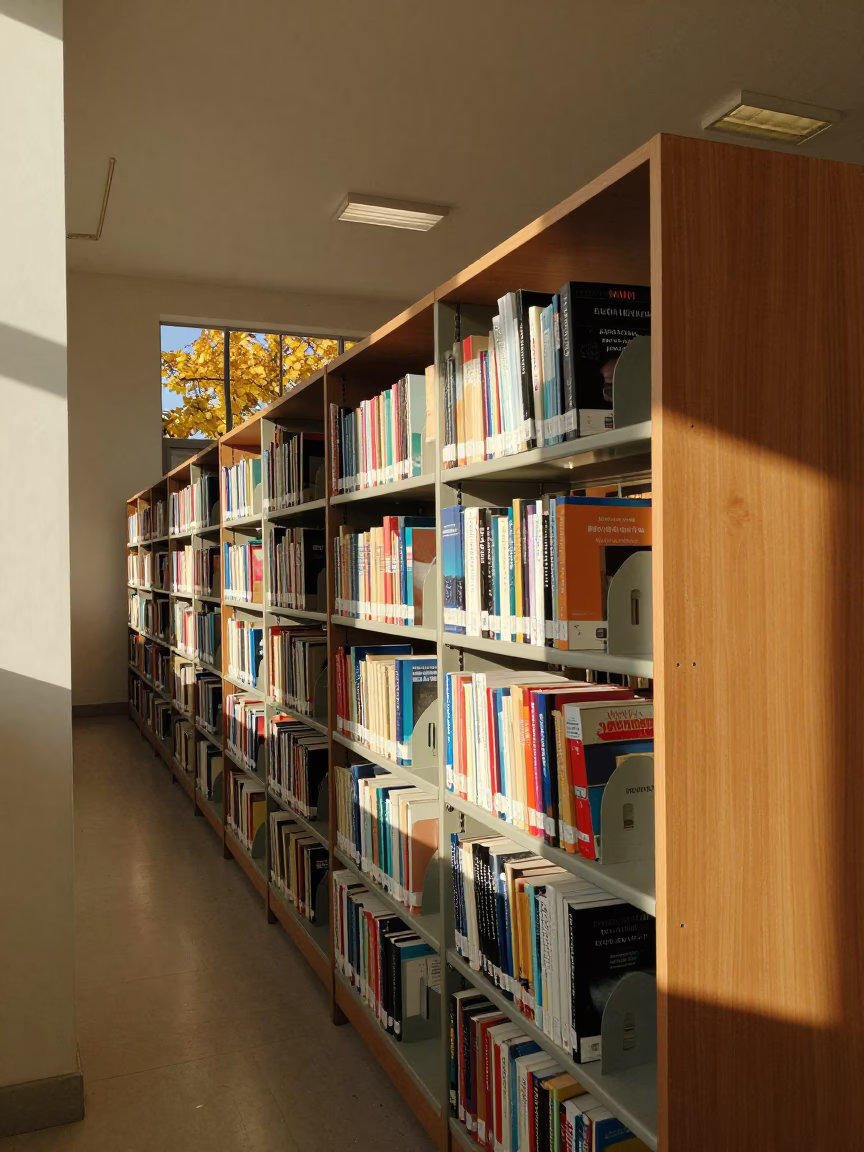 University Bookshelf in Aqaba Library Autumn Light in inside a campus library reading room near Aqaba