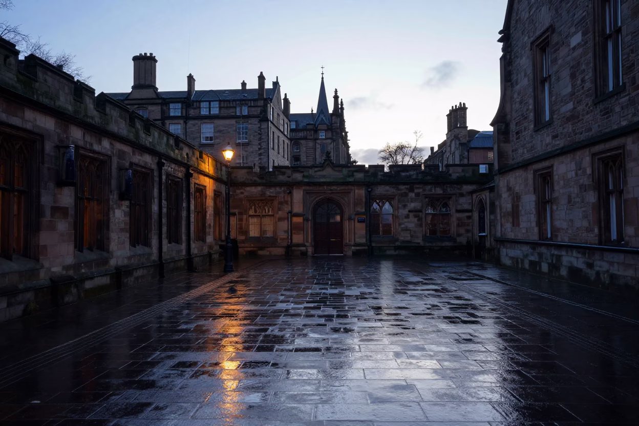 University Cloister Crossing Wet Flagstones After Rain in Edinburgh Before Sunrise in in Edinburgh, United Kingdom