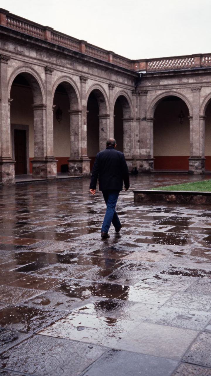 University Cloister Crossing Wet Flagstones After Rain in Guadalajara Mexico Early Afternoon in in Guadalajara, Mexico