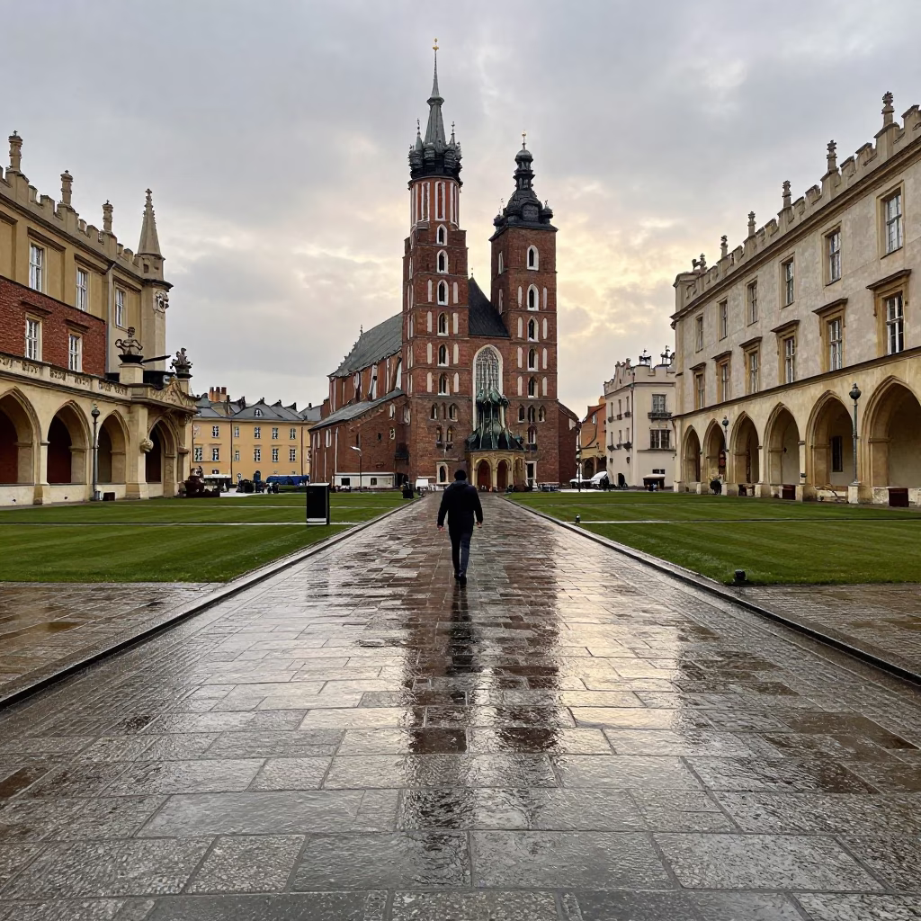 University cloister crossing wet flagstones after rain in Krakow Poland late morning in in Krakow, Poland