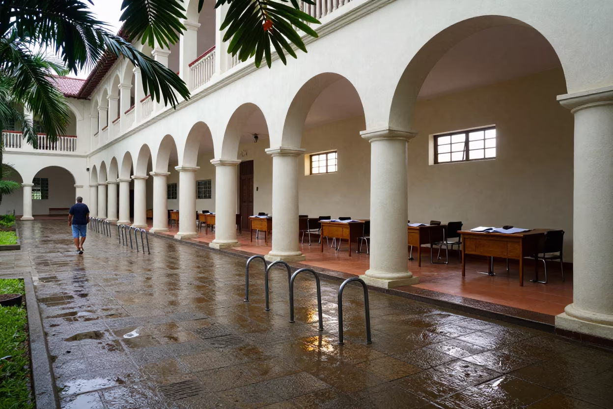 University Cloister Crossing Wet Flagstones Dawn Trinidad in beside campus bike racks at dawn in Trinidad