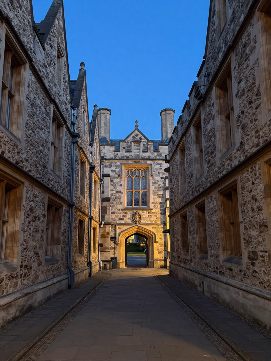 University Cloister Walkway Between Old Stone Buildings in Christchurch in in Christchurch, New Zealand