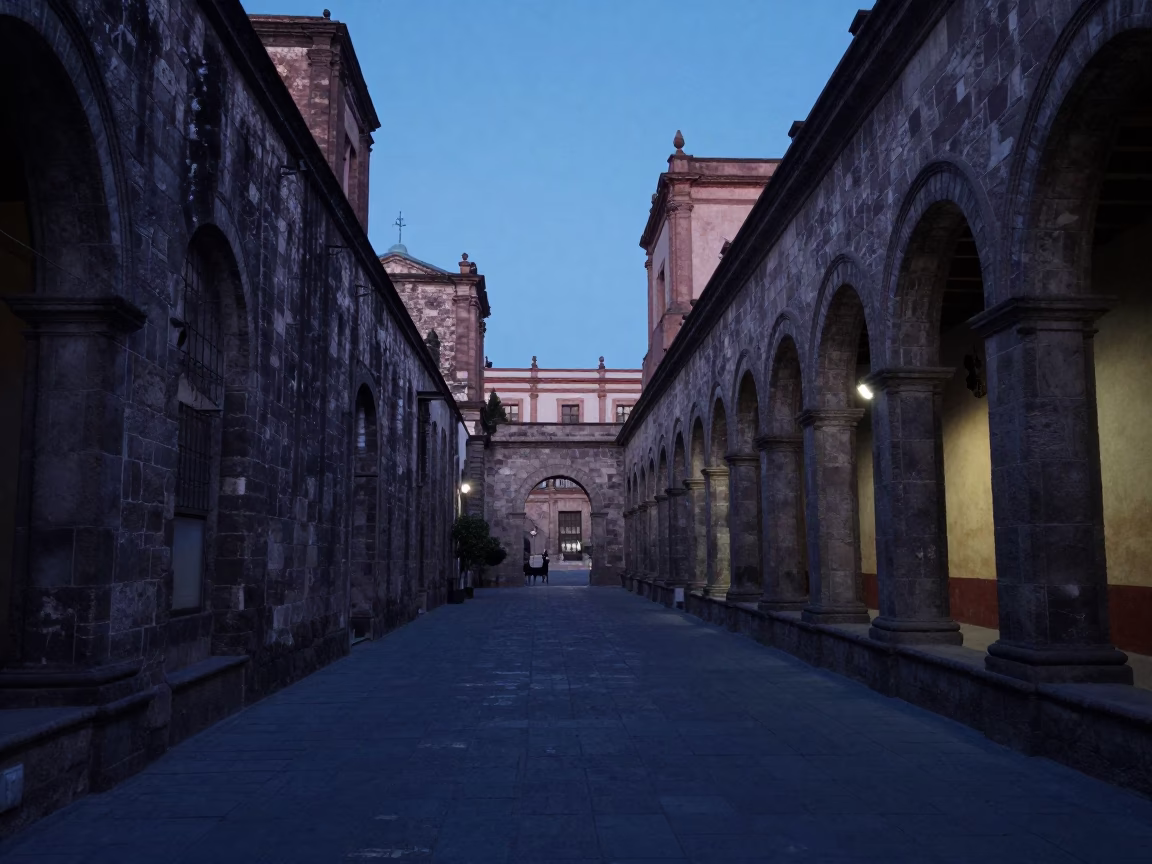 University Cloister Walkway Between Old Stone Buildings in Mexico City in in Mexico City, Mexico