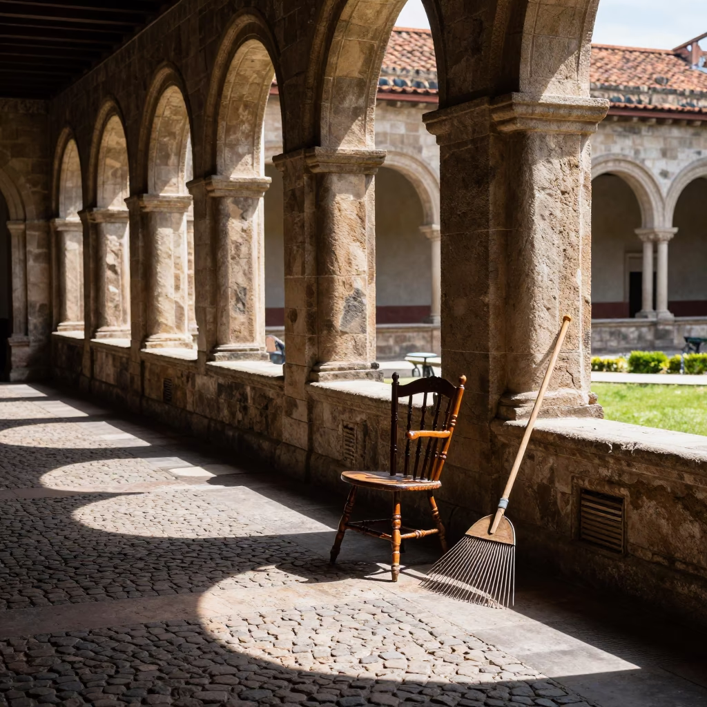 University cloister walkway in Buenos Aires with spindle chair and rake head in in Buenos Aires, Argentina