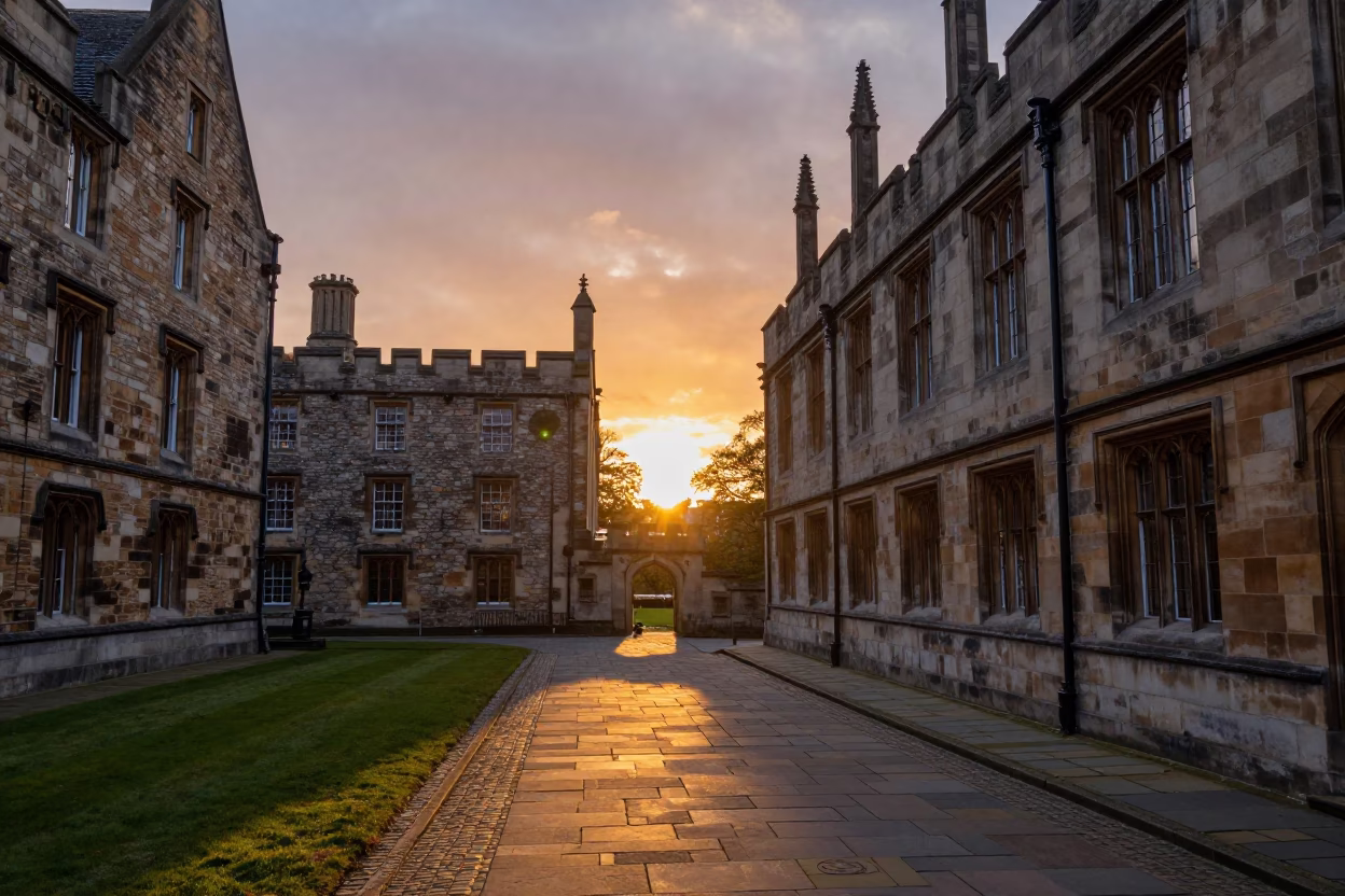 University Cloister Walkway in Edinburgh at Sunset with Stone Architecture in in Edinburgh, United Kingdom