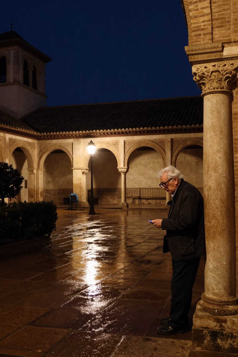 University cloister wet flagstones deep night Granada Spain candid moment in in Granada, Spain