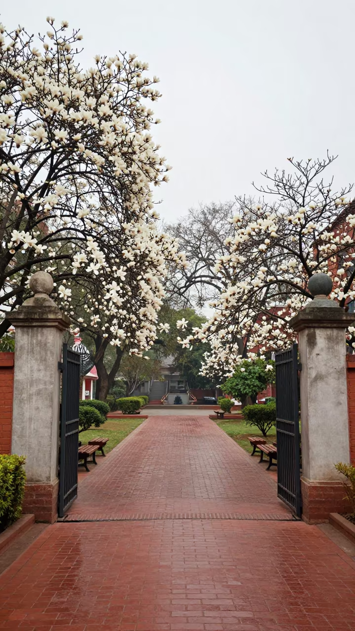 University Gate and Brick Paths Under Overcast Sky in in a computer lab before lessons in Lalitpur