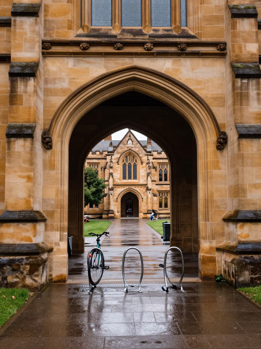 University of Adelaide archway framing wet bicycle racks on a cloudy afternoon in in Adelaide, South Australia, Australia