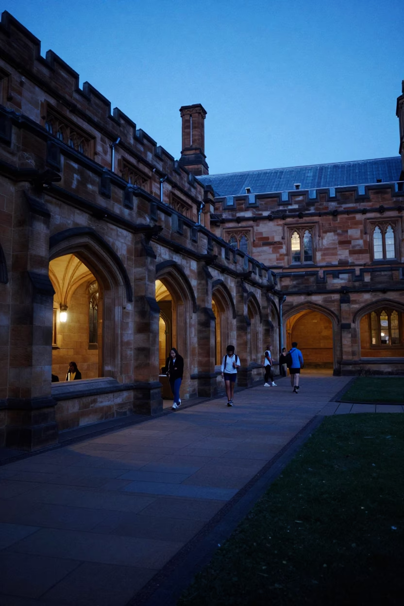 University of Adelaide cloister twilight indigo stone arches students in in Adelaide, South Australia, Australia
