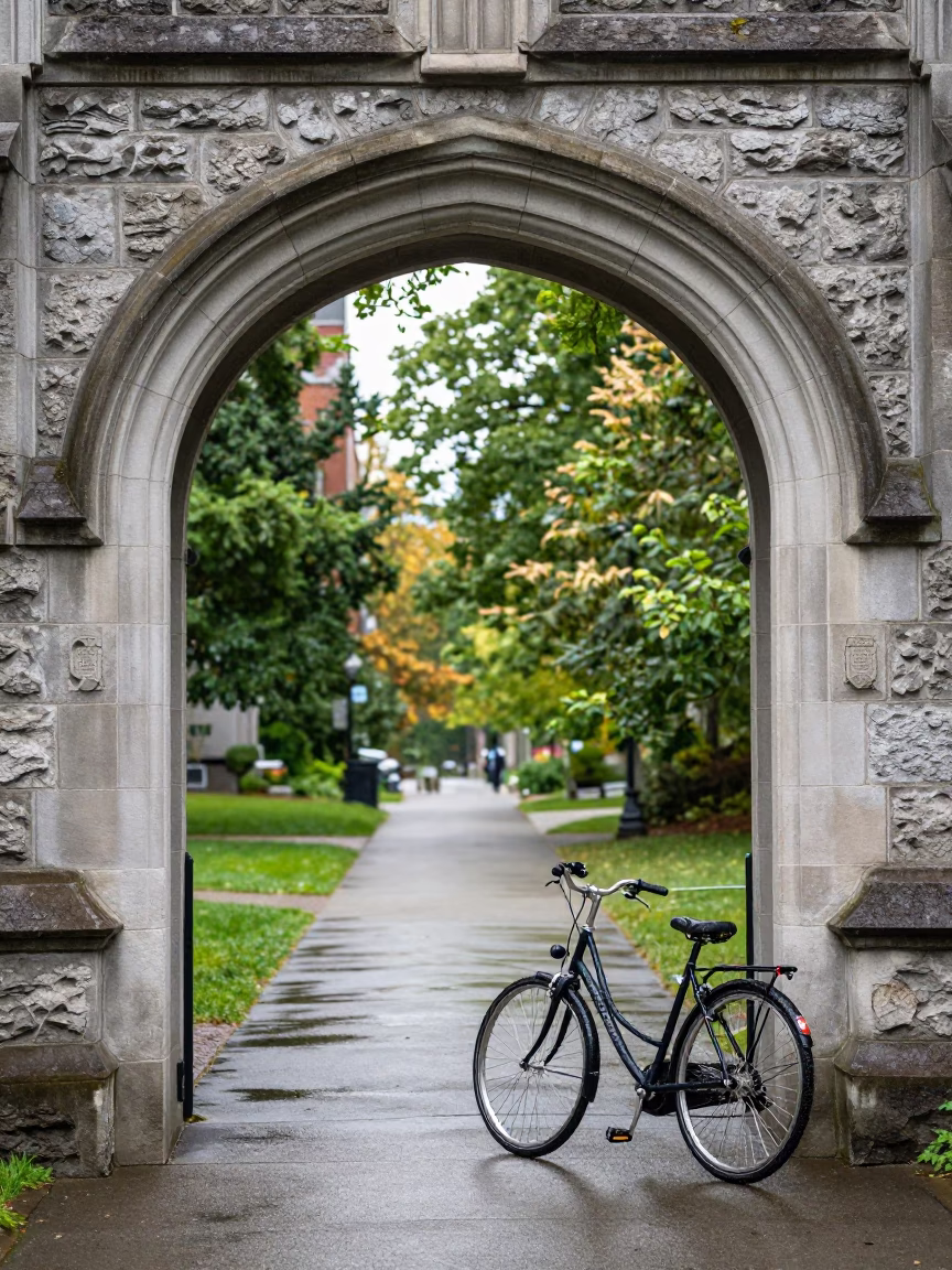 University of British Columbia Archway Framing Wet Bicycle Rack in Bright Midmorning Light in in Vancouver, British Columbia, Canada