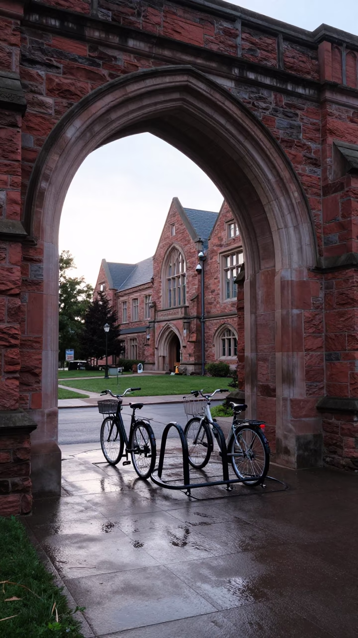 University of Halifax Archway Framing Wet Bicycle Rack and Husky in Late Morning Light in in Halifax, Nova Scotia, Canada