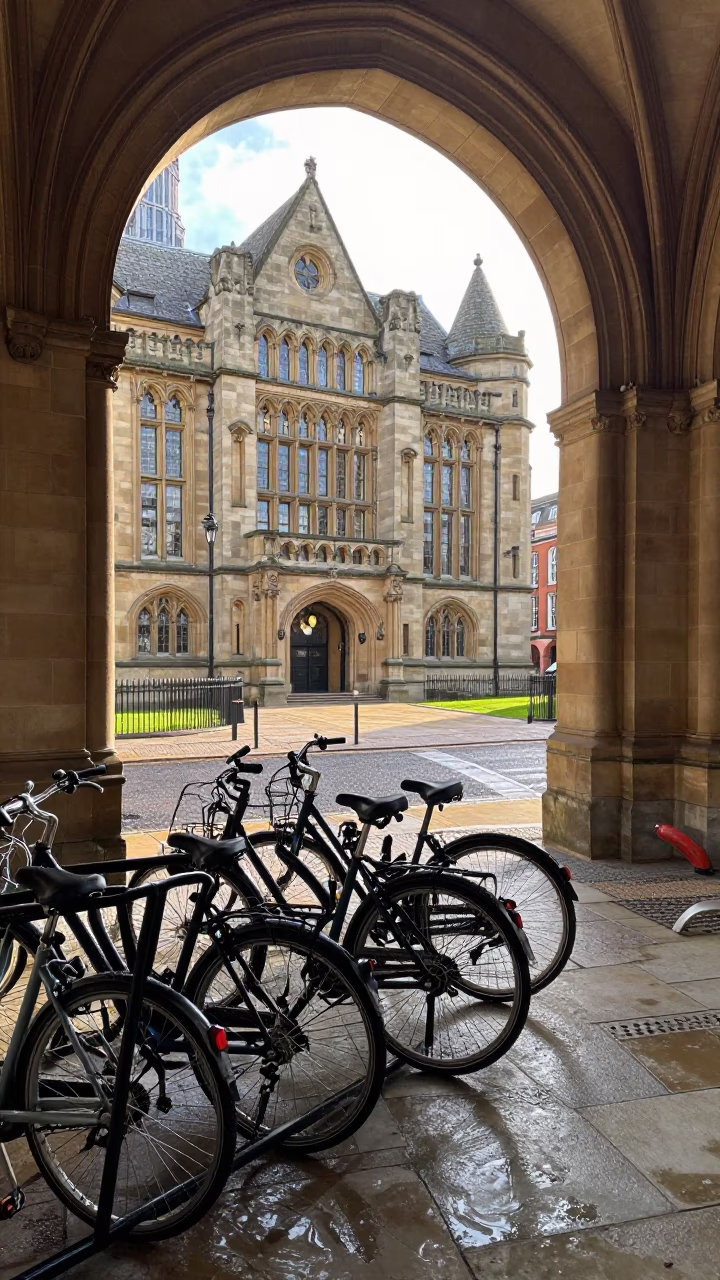 University of Liverpool Archway Framing Wet Bicycle Rack and Padlock at First Light in in Liverpool, United Kingdom