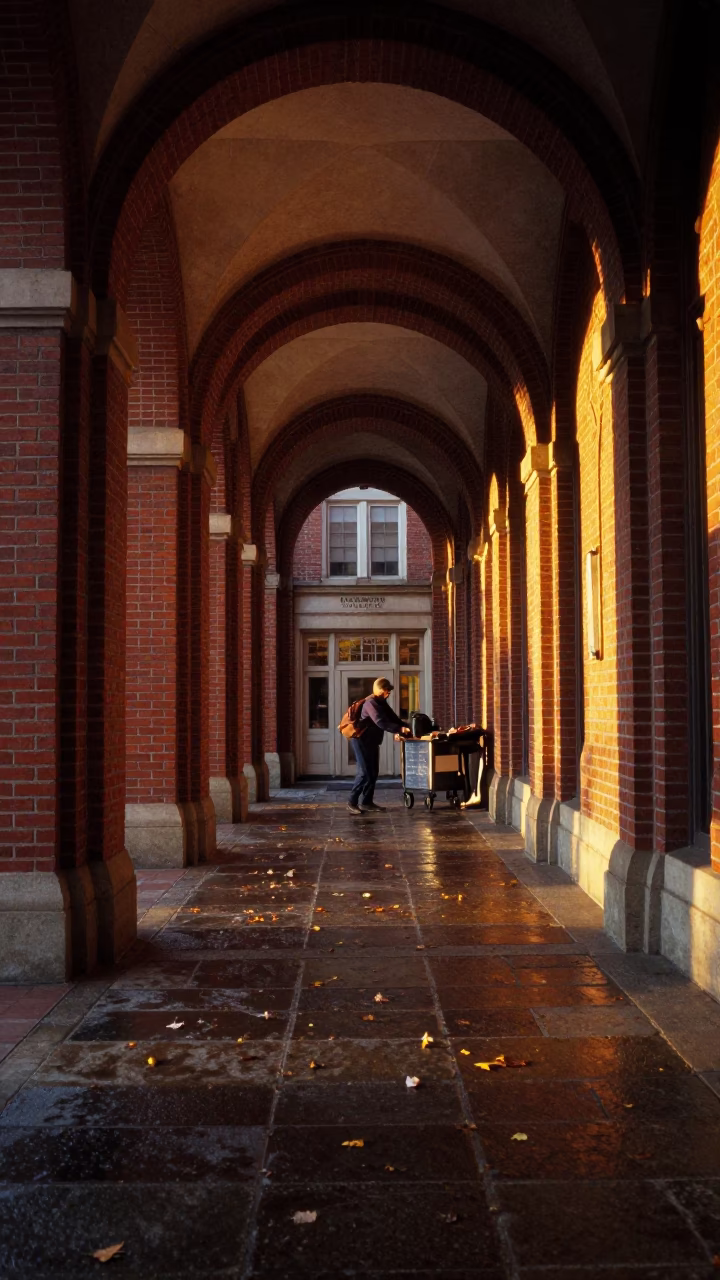 University of Pennsylvania Graduate Center Arcade at Sunset with Wet Leaves and Food Vendor in in Philadelphia, Pennsylvania, United States