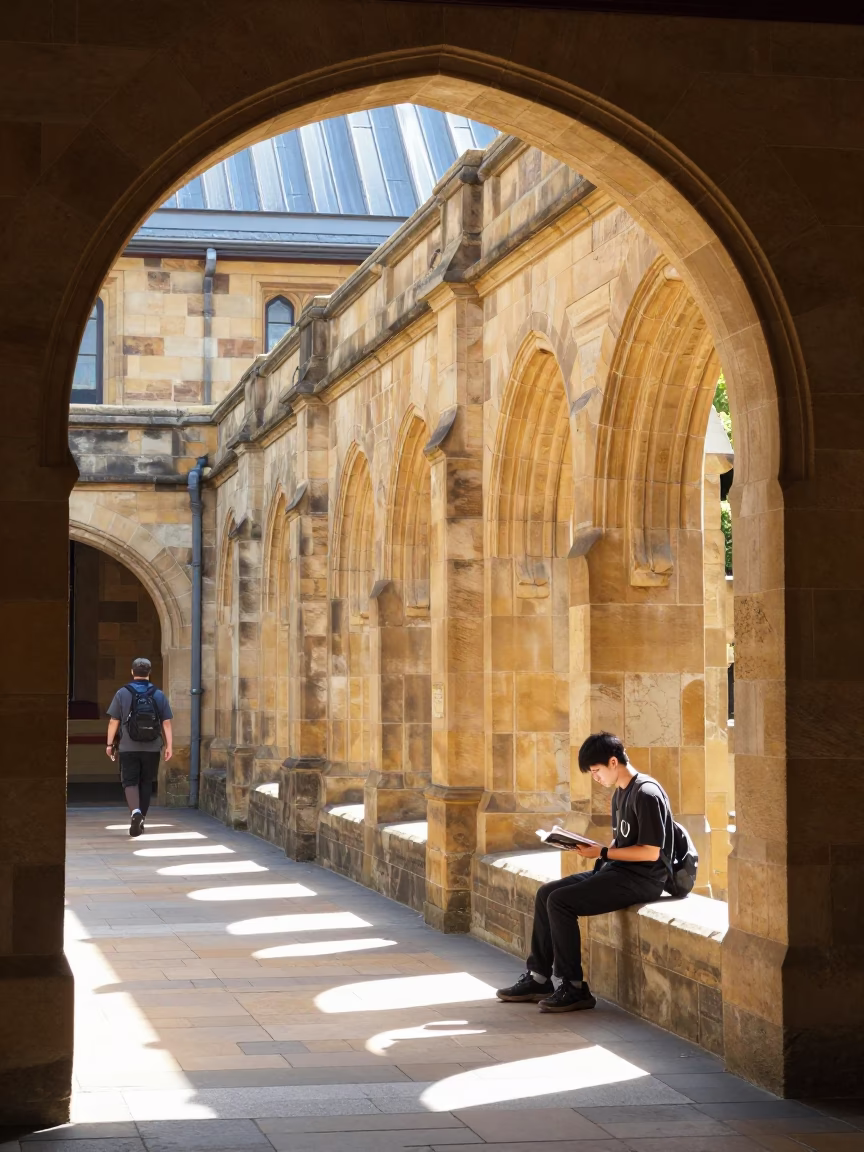 University of Tasmania cloister walkway in bright midmorning light Hobart Tasmania Australia in in Hobart, Tasmania, Australia