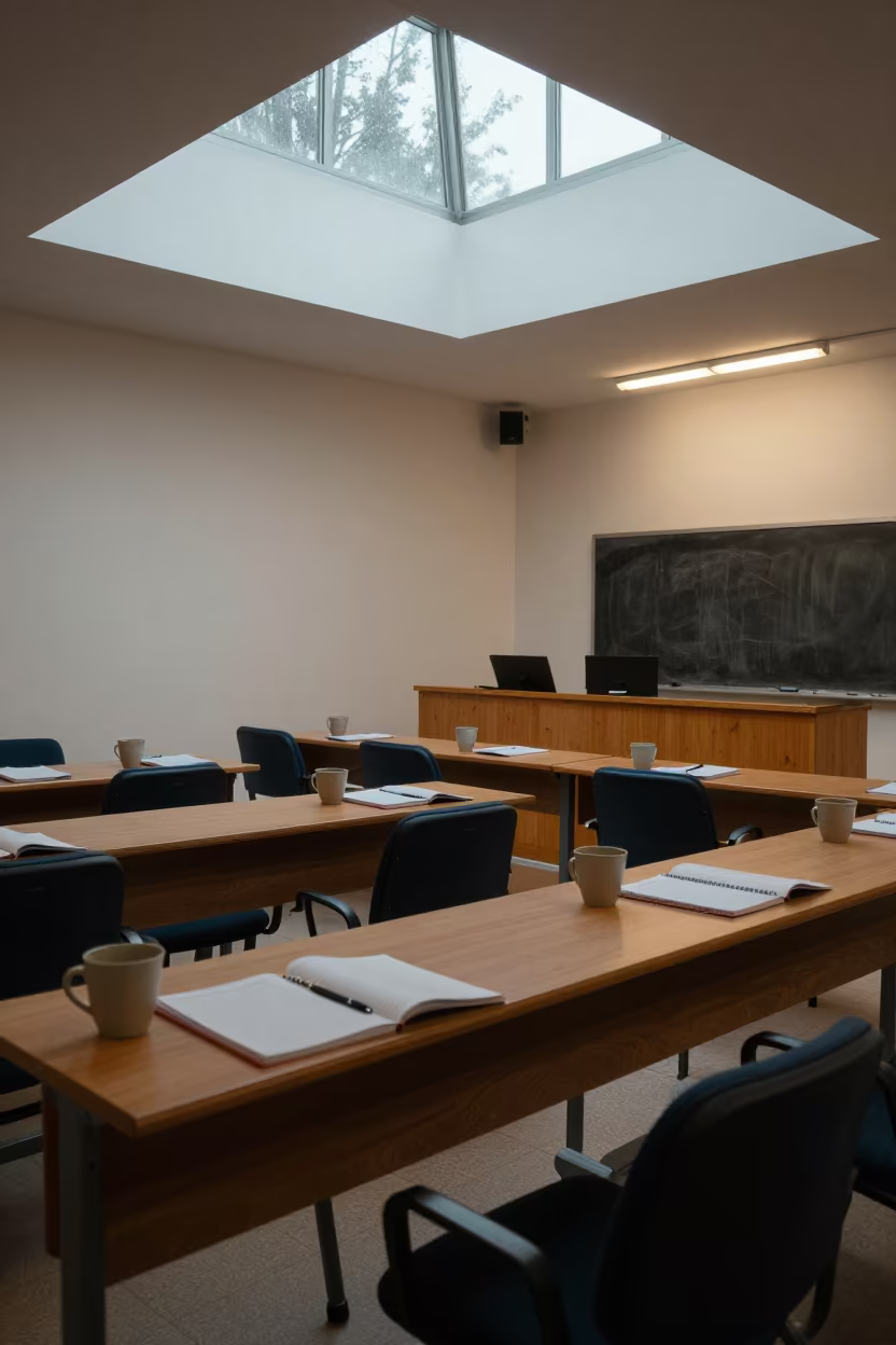 University Seminar Table Before Lecture in Cuenca in in a lecture hall before the crowd arrives in Cuenca