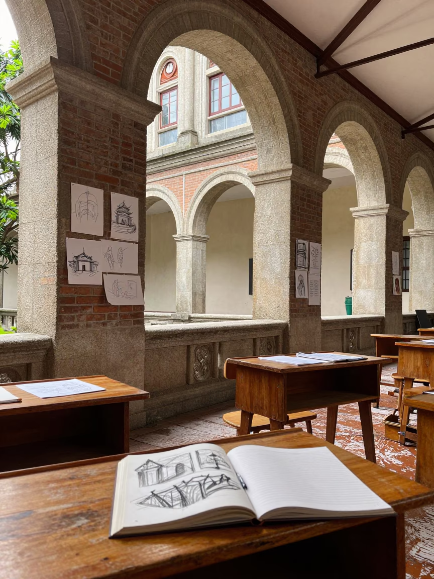 University Studio Critique Macau Cloister Sketches in beneath a university cloister in Macau