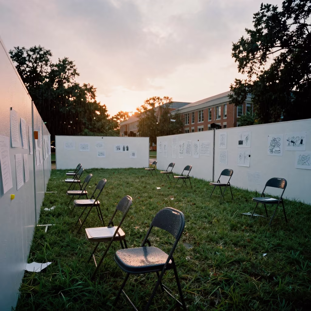 University Studio Critique Sketches on Lawn in on a graduation lawn under folding chairs near Houston