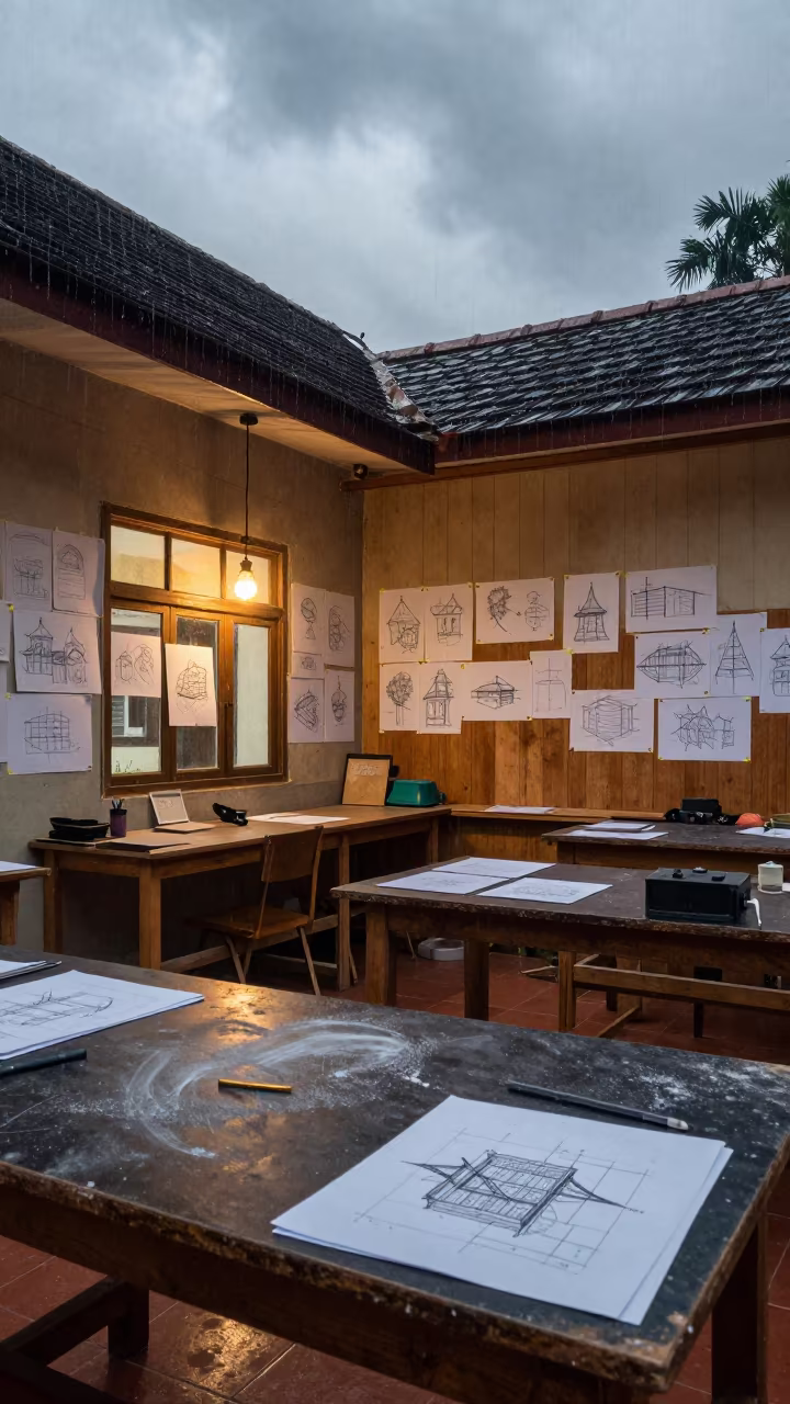 University Studio Critique in Vientiane Woodshop in in a woodshop classroom in Vientiane