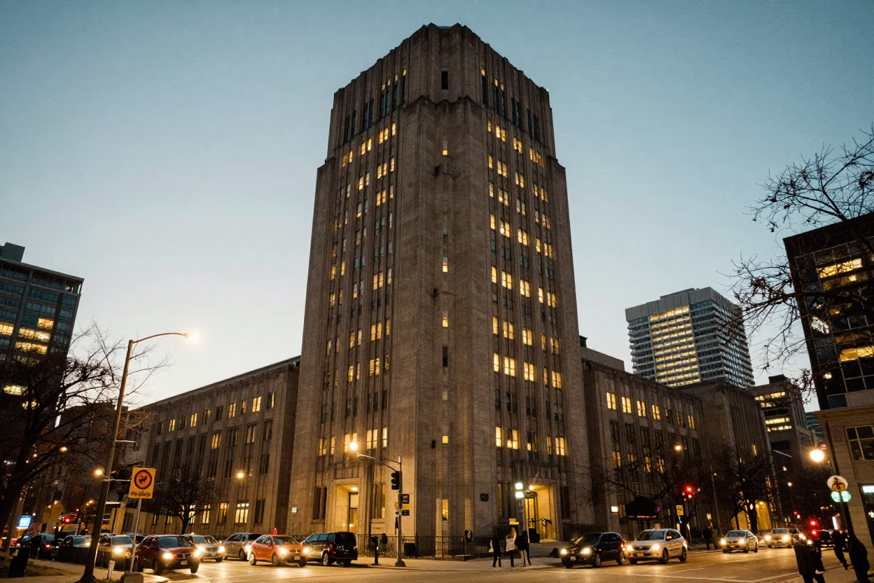 University Tower in Toronto at As City Lights Begin To Glow in in Toronto, Ontario, Canada