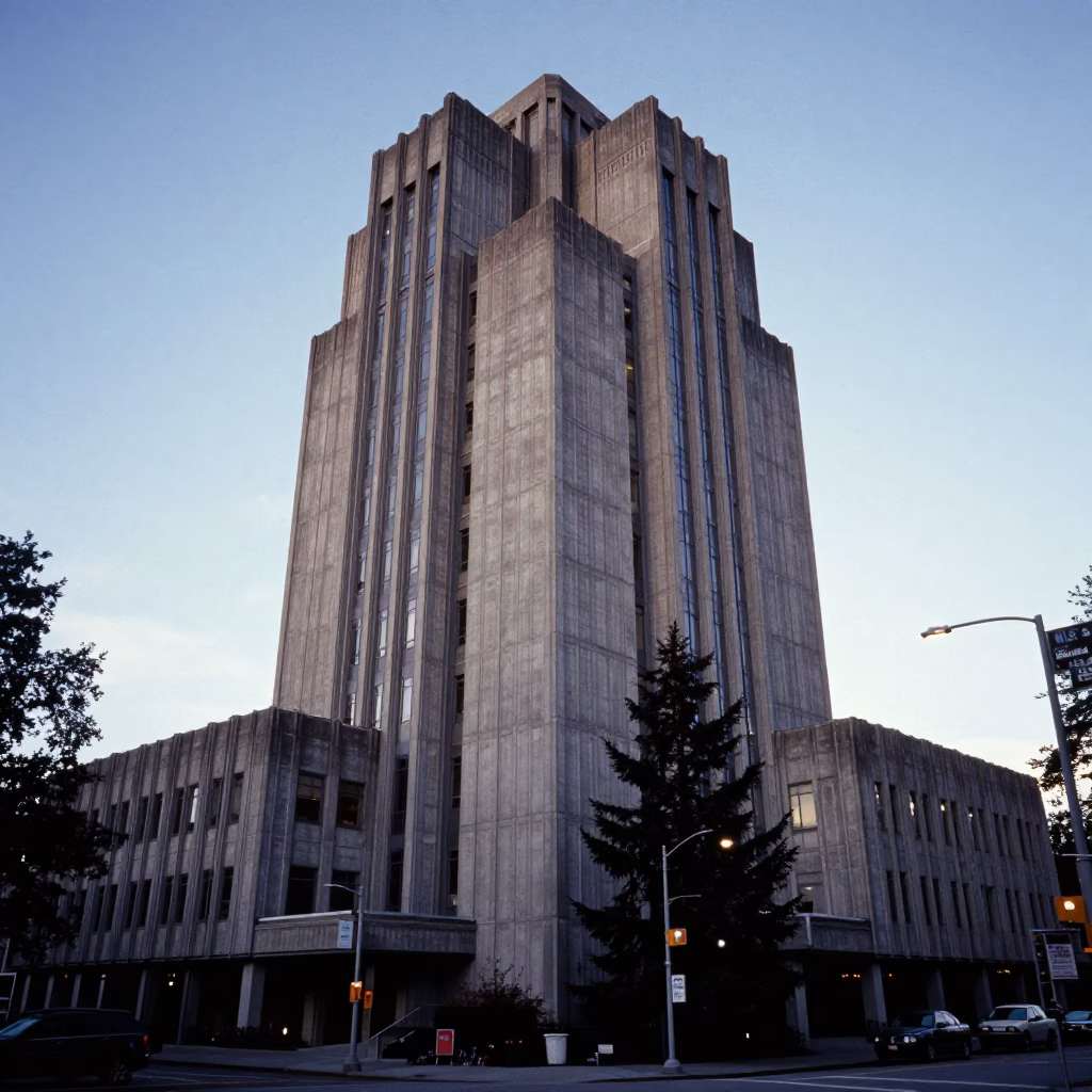 University Tower in Vancouver at The Last Blue Light Of Evening in in Vancouver, British Columbia, Canada