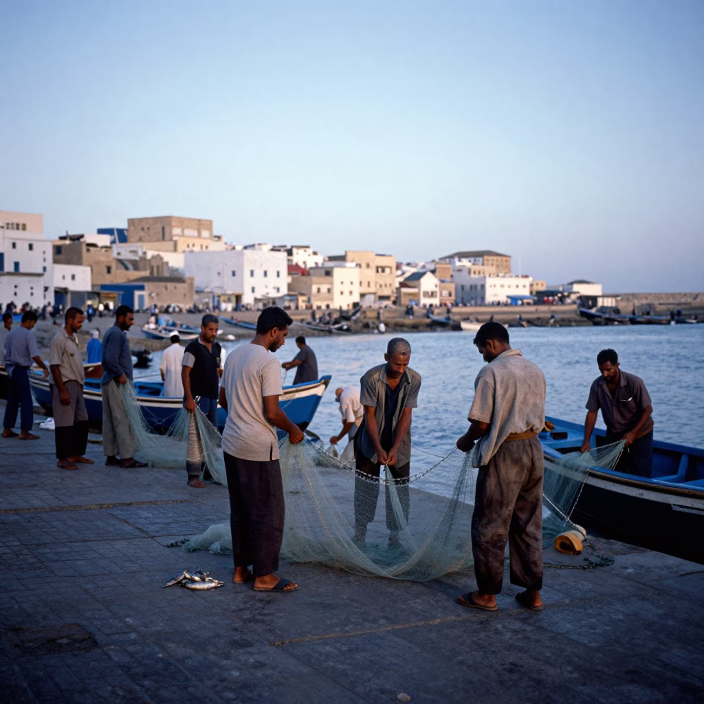 Unloading Catch in Essaouira at Sunrise Light in in Essaouira, Morocco