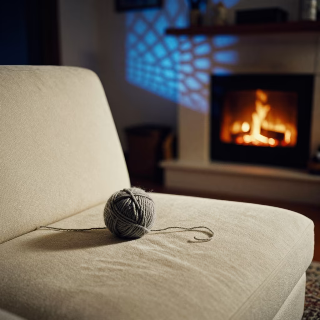Unraveling Merino Wool Ball on Sofa by Fireplace in by a crackling fireplace in Prayagraj