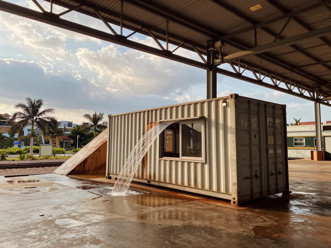 Uphill Water in Container Home Terminal Kunming in inside a restored train terminal in Kunming