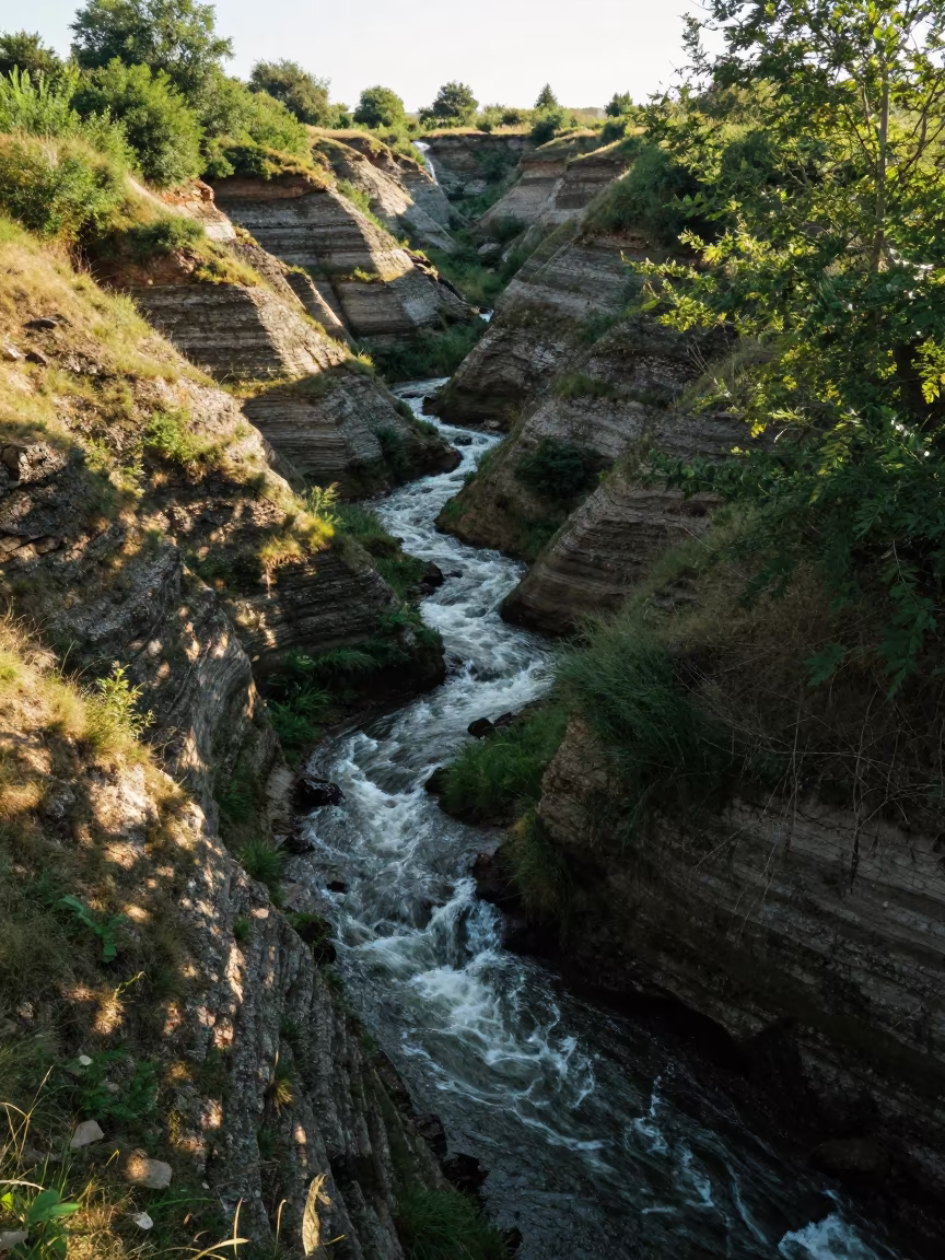 Uphill Water Flow in Moldovan Foothills in from a ridge above layered foothills in Moldova