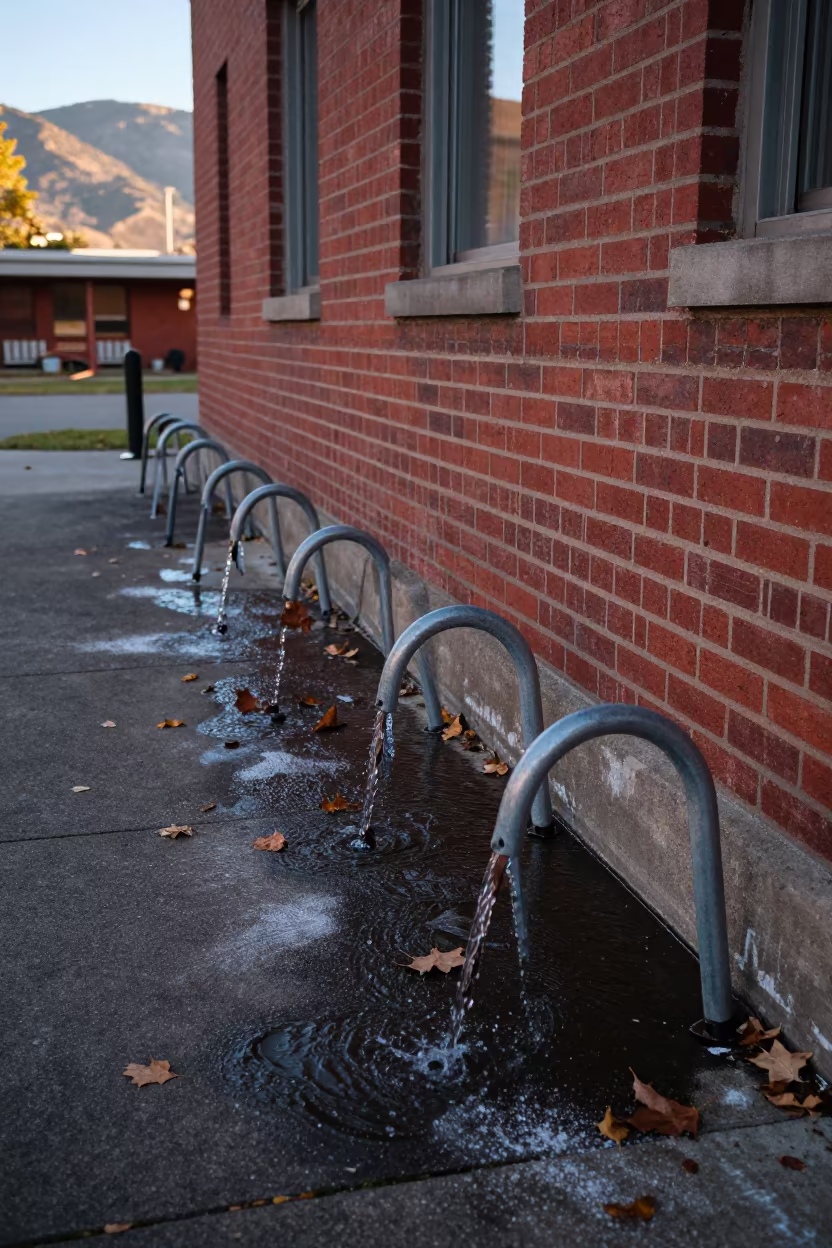 Uphill Water Flowing on Campus Bike Rack in beside campus bike racks at dawn near Minneapolis