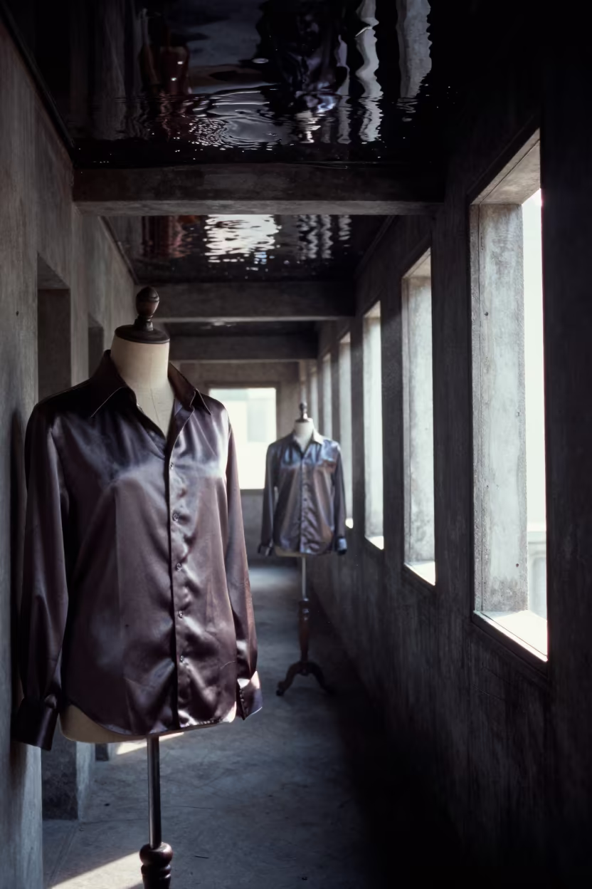 Upside-Down Atelier Dress Form Reflection in in a backstage changing corridor in Lucknow