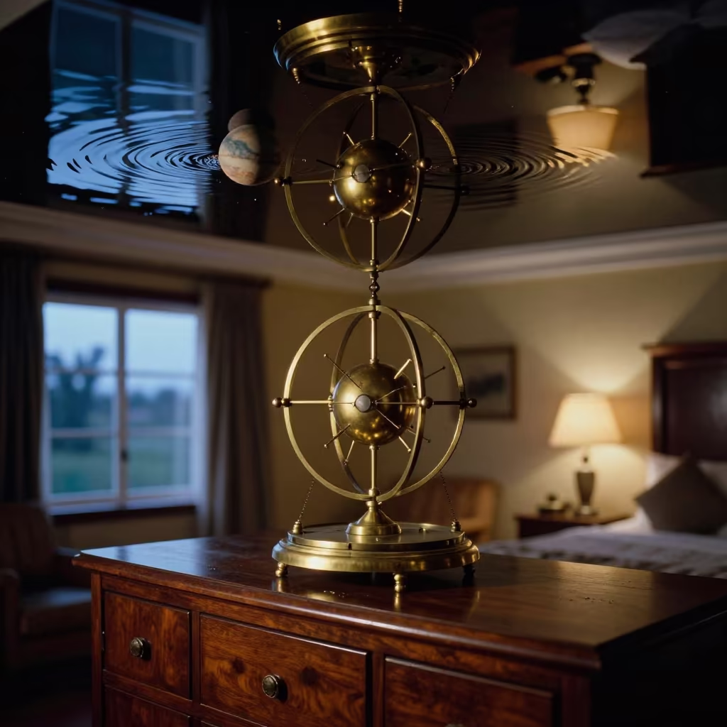 Upside Down Brass Orrery in Water Ceiling Near Daura in on a hotel dresser near Daura