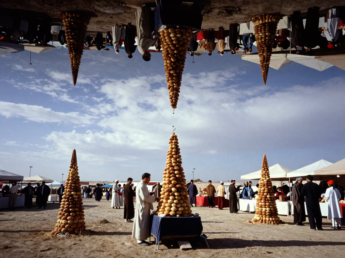 Upside-Down Bread Towers Reflected in Water Ceiling in at a night market in Ashgabat