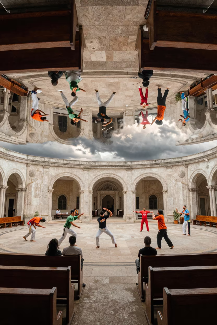 Upside Down Capoeira Circle in Cloudy Water Ceiling in in a prayer hall near São Paulo