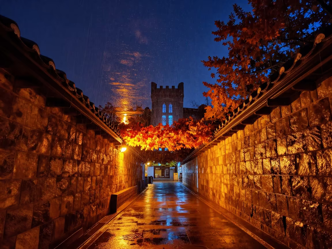 Upside-Down Castle Turret Sky Reflection in inside a skylit passageway near Seoul