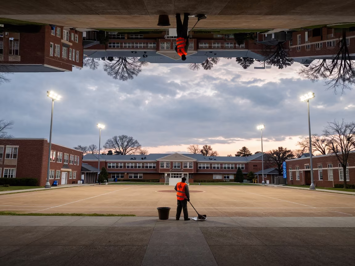 Upside Down City Cleanup Reflection Twilight in beneath government building floodlights in Philadelphia