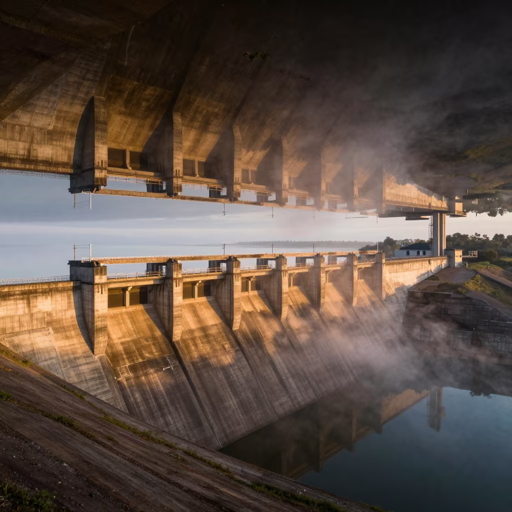 Upside Down Dam Reflection in Water Ceiling in along a dam spillway near Lokoja