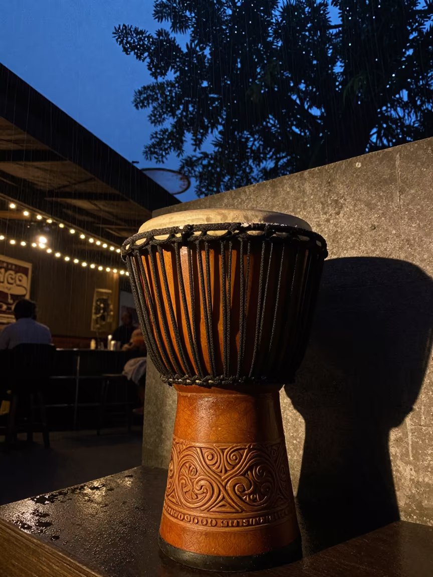 Upside Down Djembe in Agra Jazz Club Rain in at a jazz club in Agra
