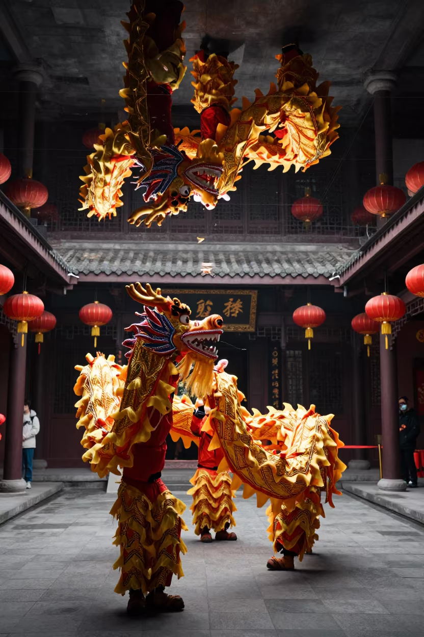 Upside Down Dragon Dance Reflection in in a shrine lined with lanterns in Chengdu
