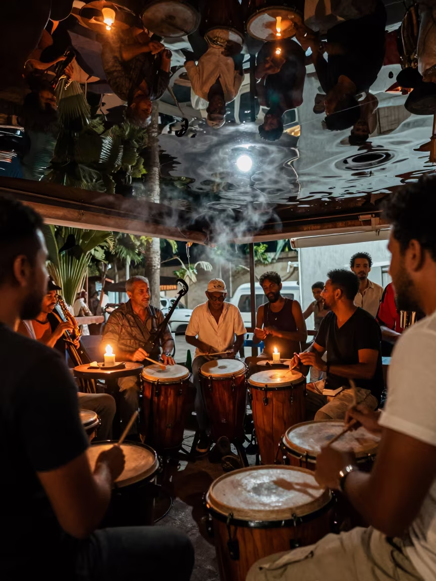 Upside Down Drumming Circle Moonlit Havana Beach in at a jazz club in Havana