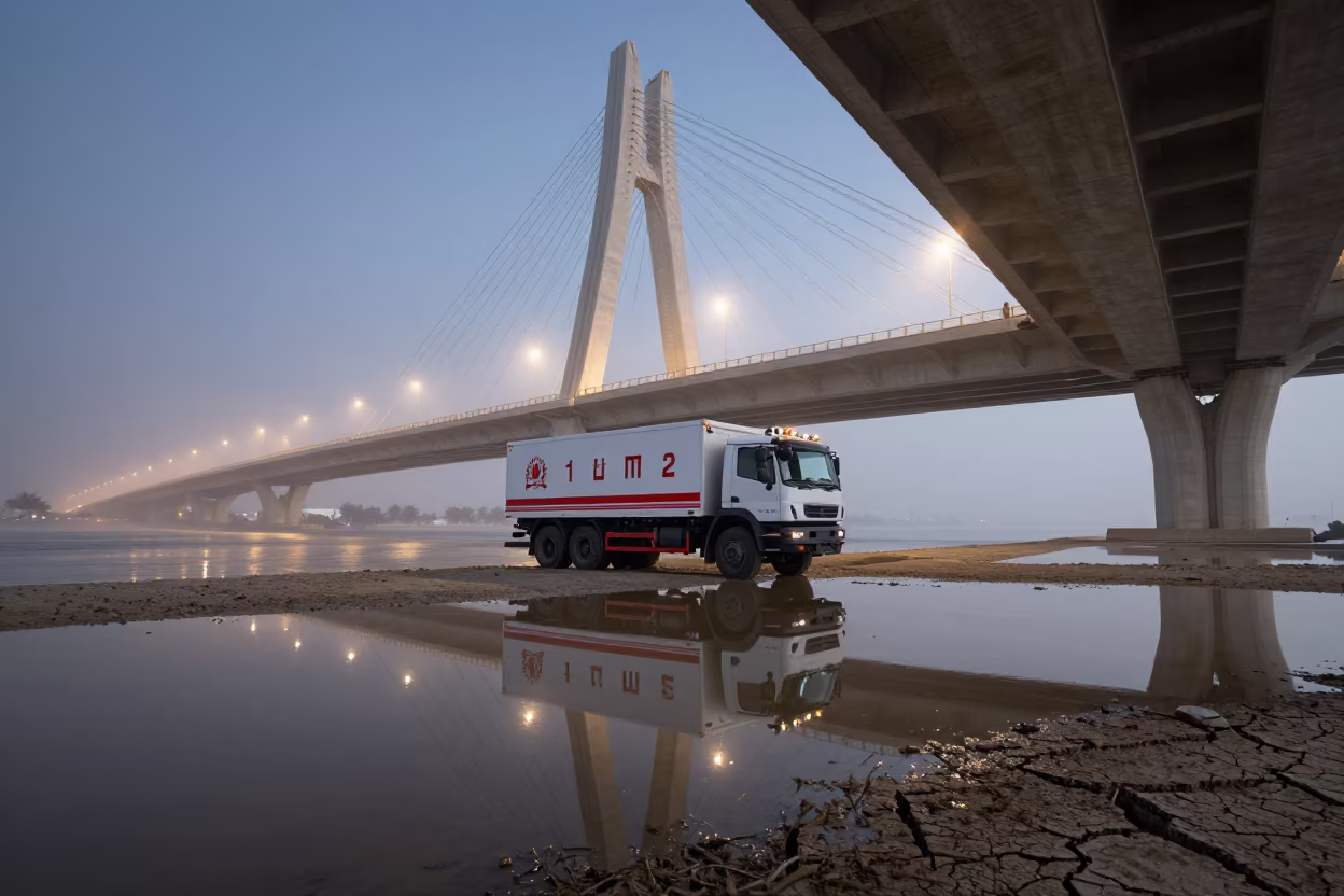 Upside-Down Flood Reflection Beneath Bahrain Bridge in under a cable-stayed bridge span in Bahrain