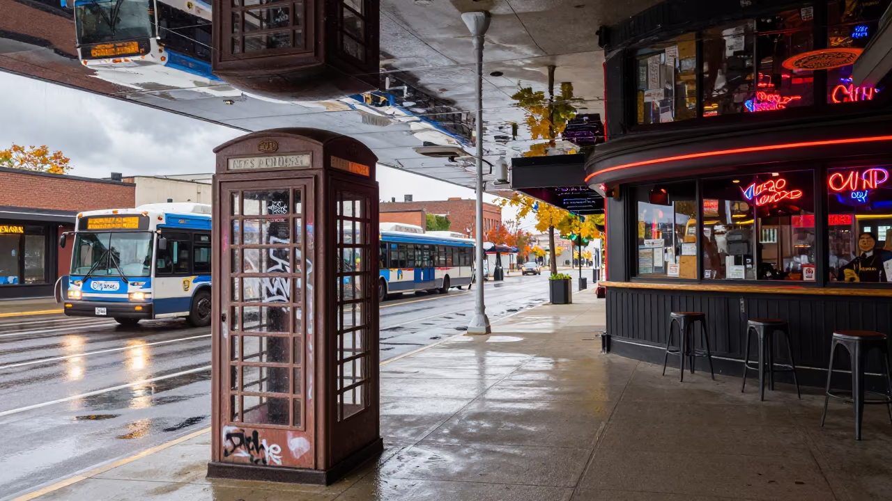 Upside-Down Reflection of Graffiti Booth in Water Ceiling in outside a corner cafe in Madison