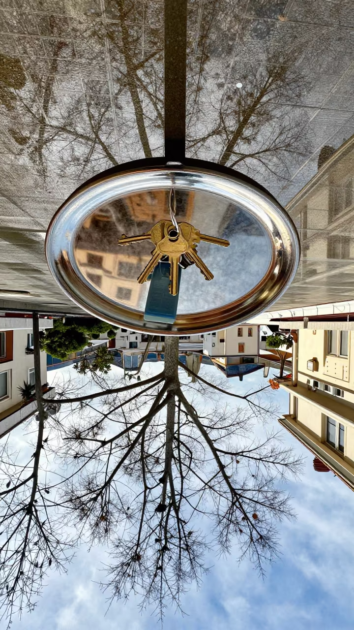 Upside Down Hotel Key Tray Reflection in beneath a covered hotel arrival canopy after rain in Monastir