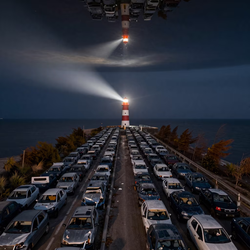 Upside Down Junkyard Reflected on Water Ceiling in on a wind-open causeway near Rimini