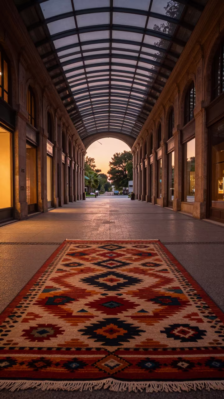 Upside-Down Kilim Reflection in Water Ceiling in inside a glass-roofed arcade near Monza